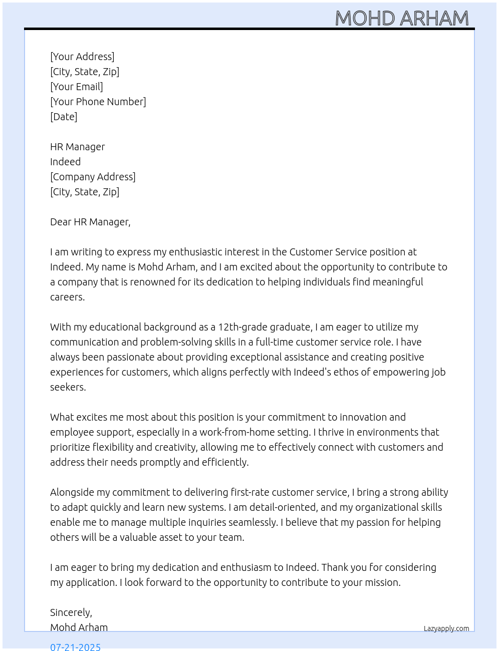Customer service At Indeed Cover Letter