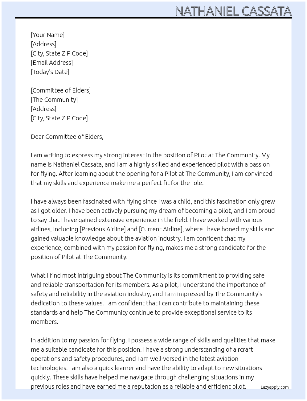 Pilot  At The community Cover Letter