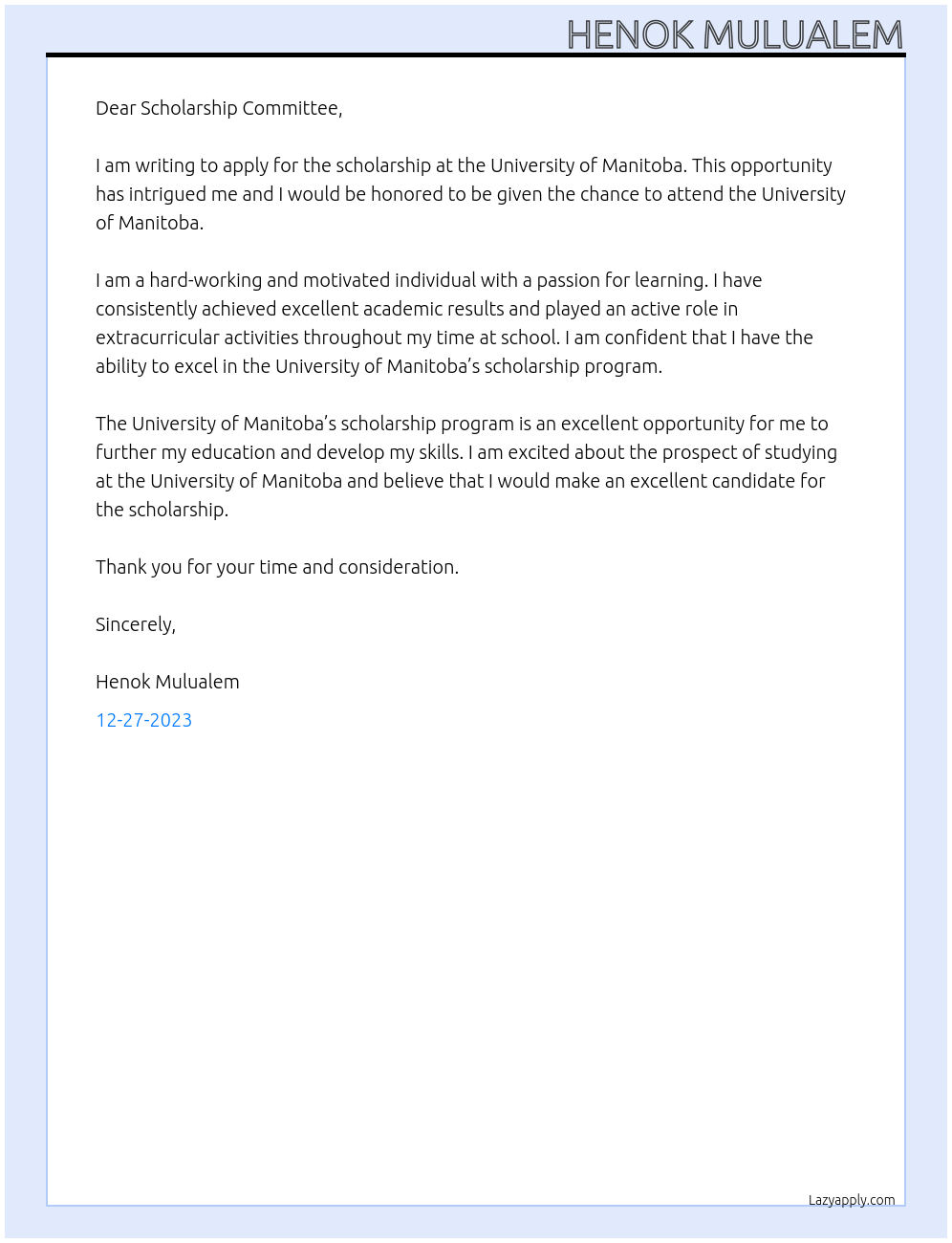 Scholarship At University of manitoba Cover Letter