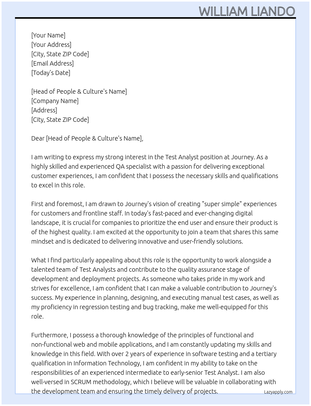 Test Analyst At Journey Cover Letter