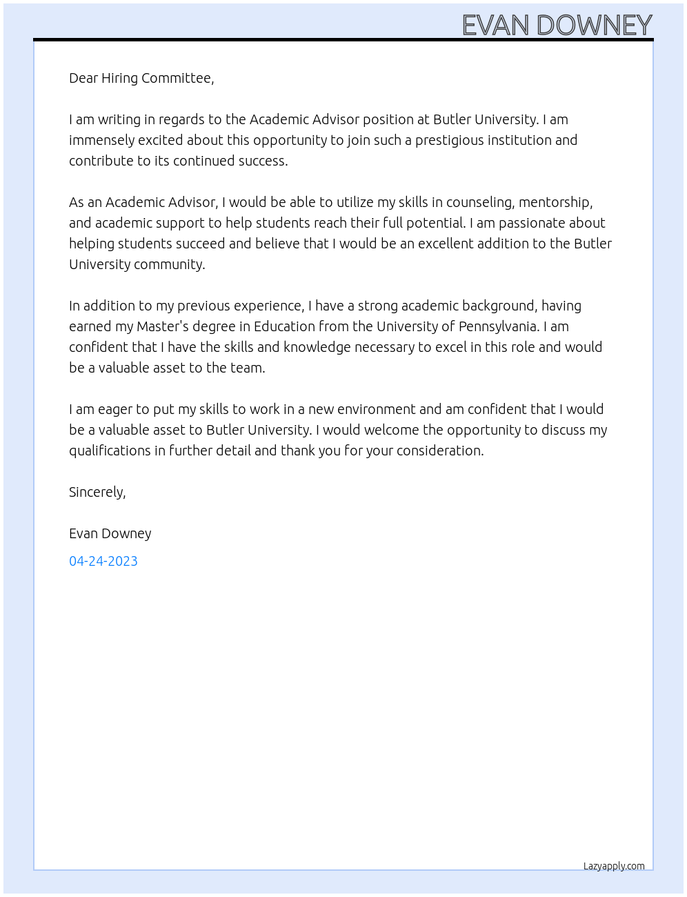 Academic Advisor At Butler University Cover Letter