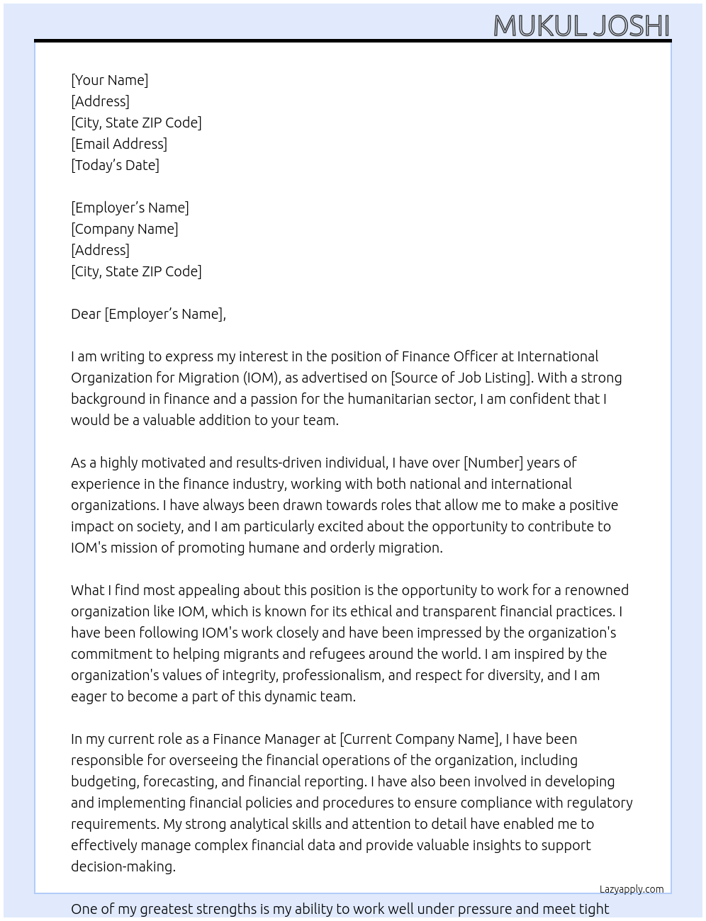 Finance Officer At International Organization for Migration (IOM) Cover Letter