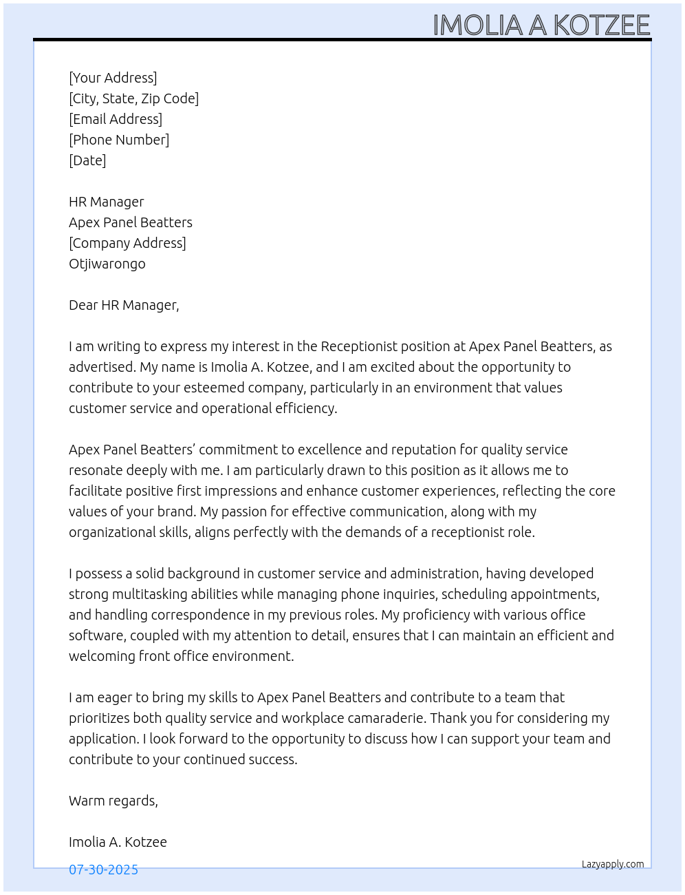 Receptionist At Apex Panel beaters Cover Letter