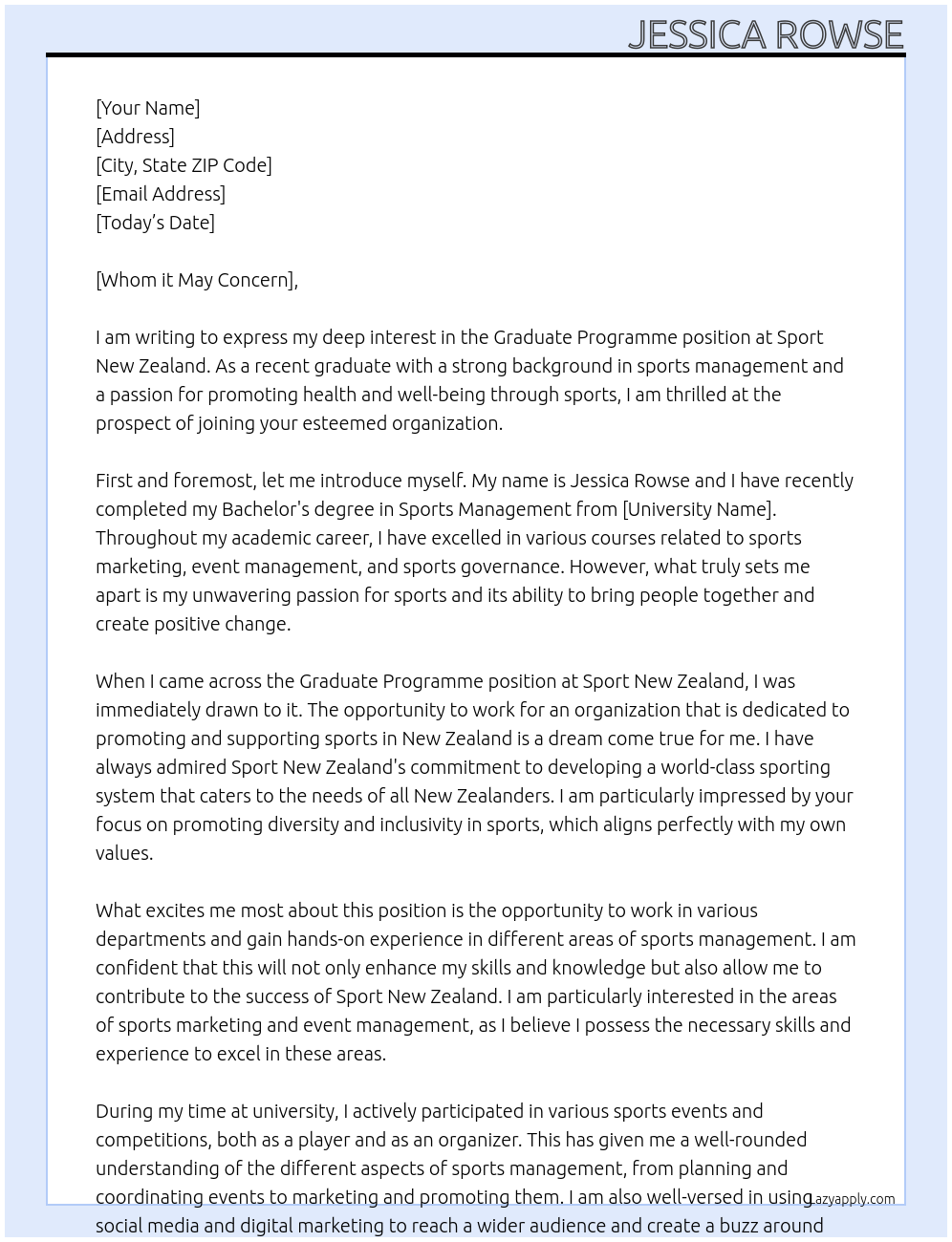 Graduate programme At Sport New Zealand Cover Letter