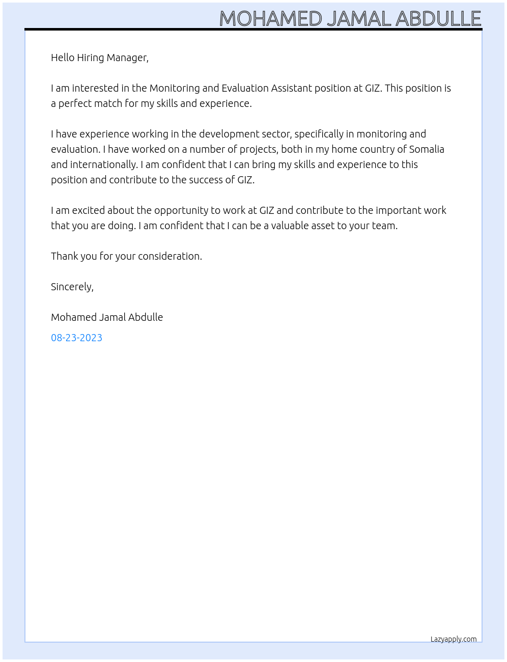 Monitoring and Evaluation Assistant  At GIZ Cover Letter