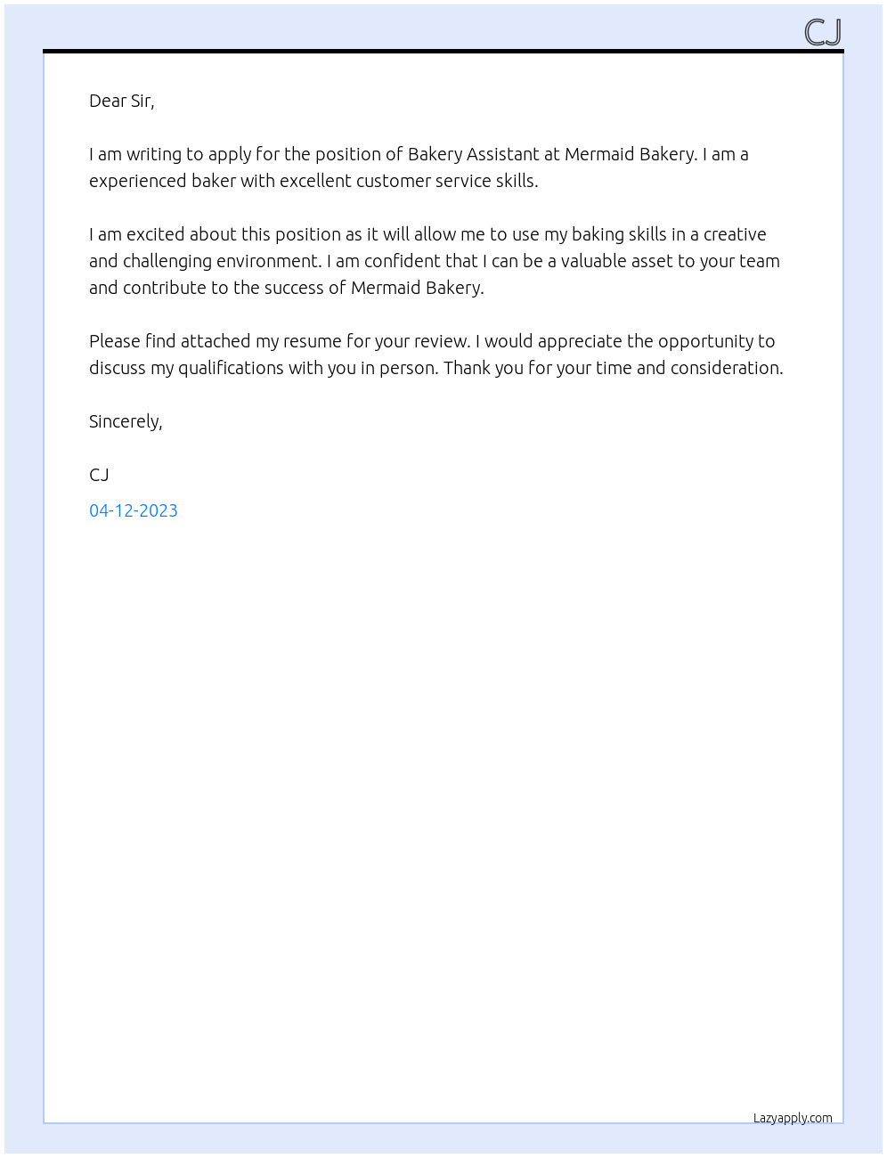 Bakery Assistant  At Mermaid Bakery Cover Letter