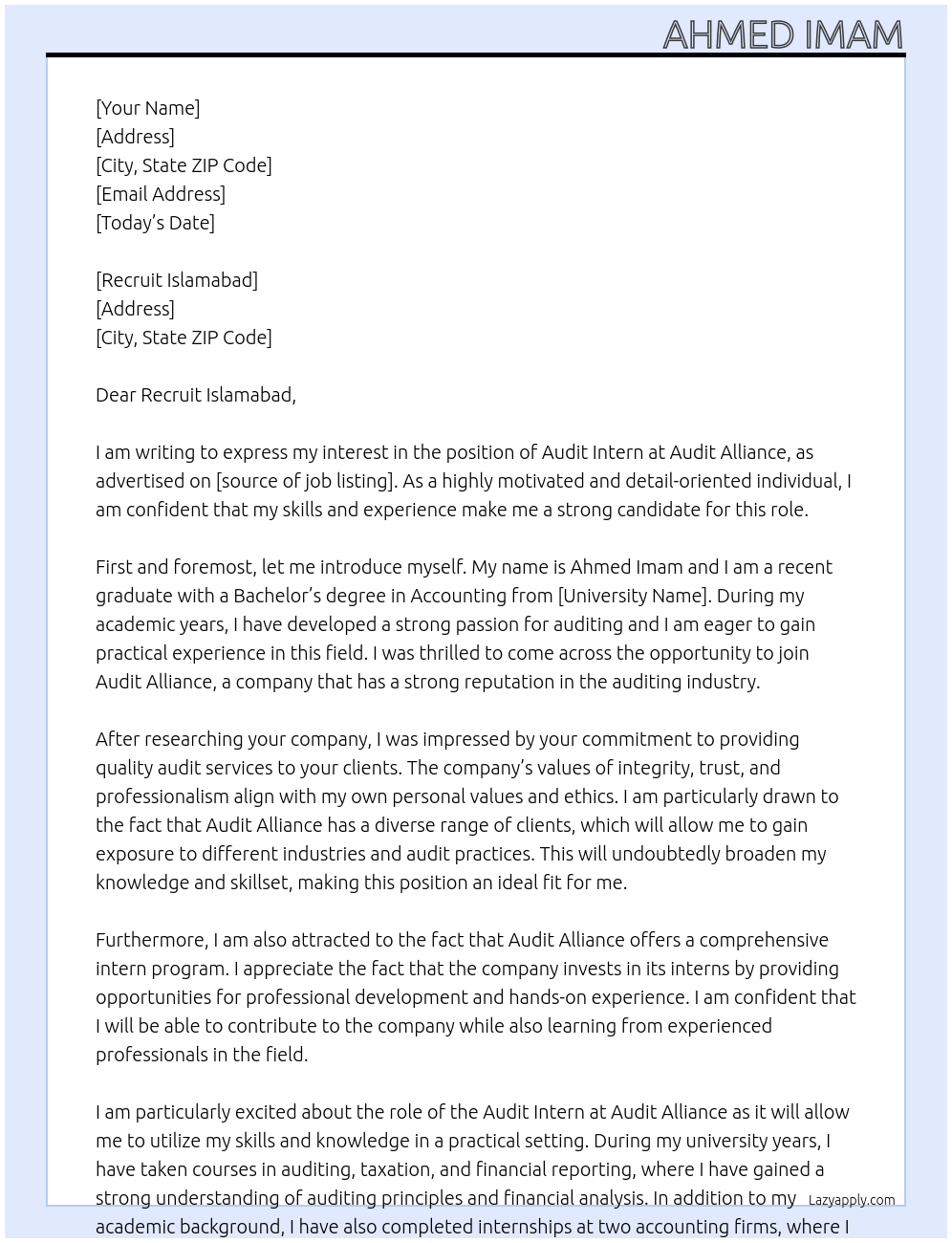 Audit intern At Audit Alliance Cover Letter