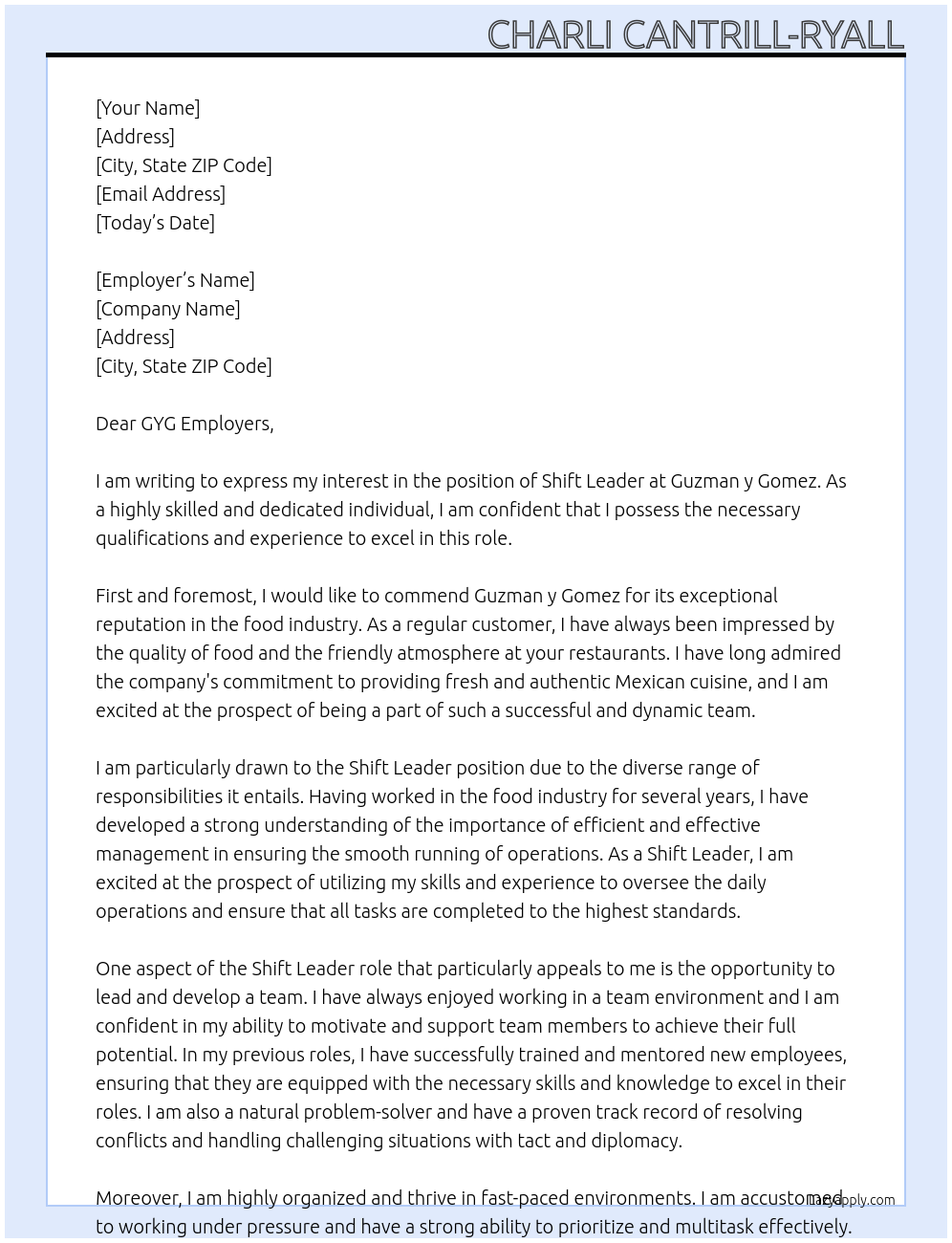 shift leader At Guzman y Gomez Cover Letter