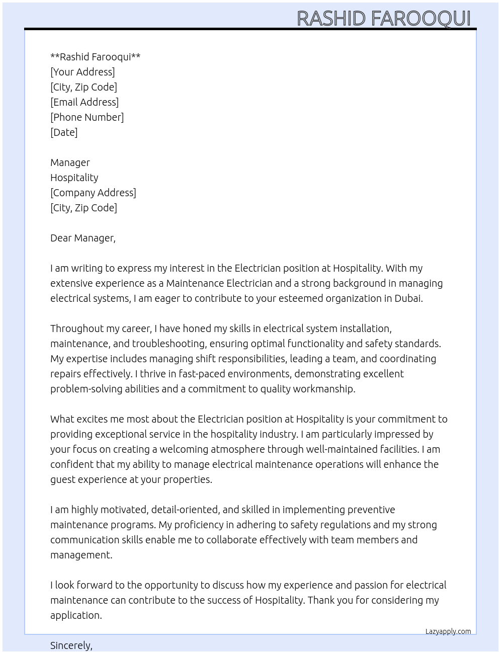 Electrician At Hospitality Cover Letter