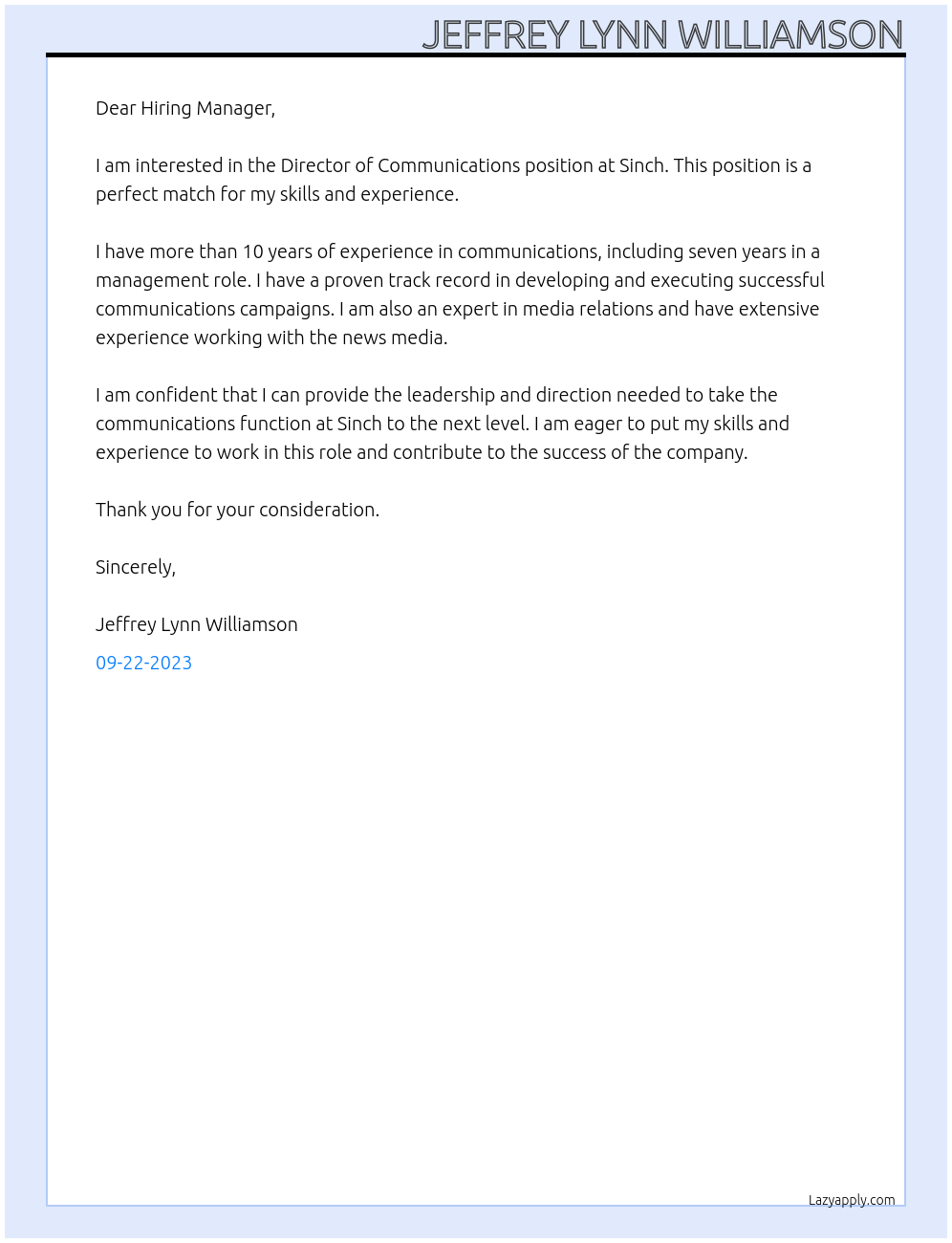 Director of Communications At Sinch Cover Letter