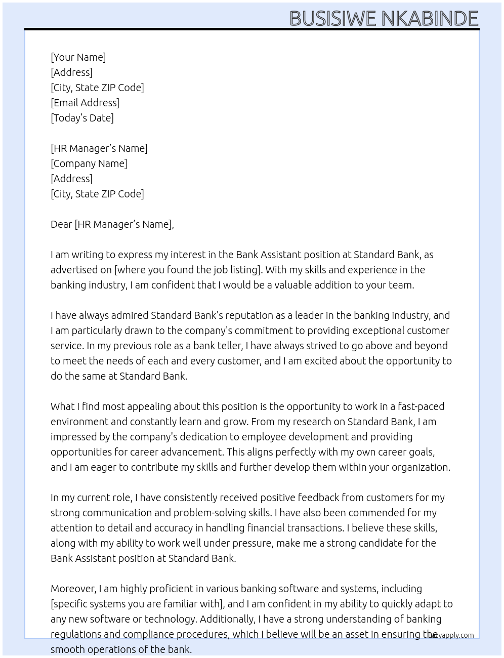 Bank assistant At Standard bank Cover Letter