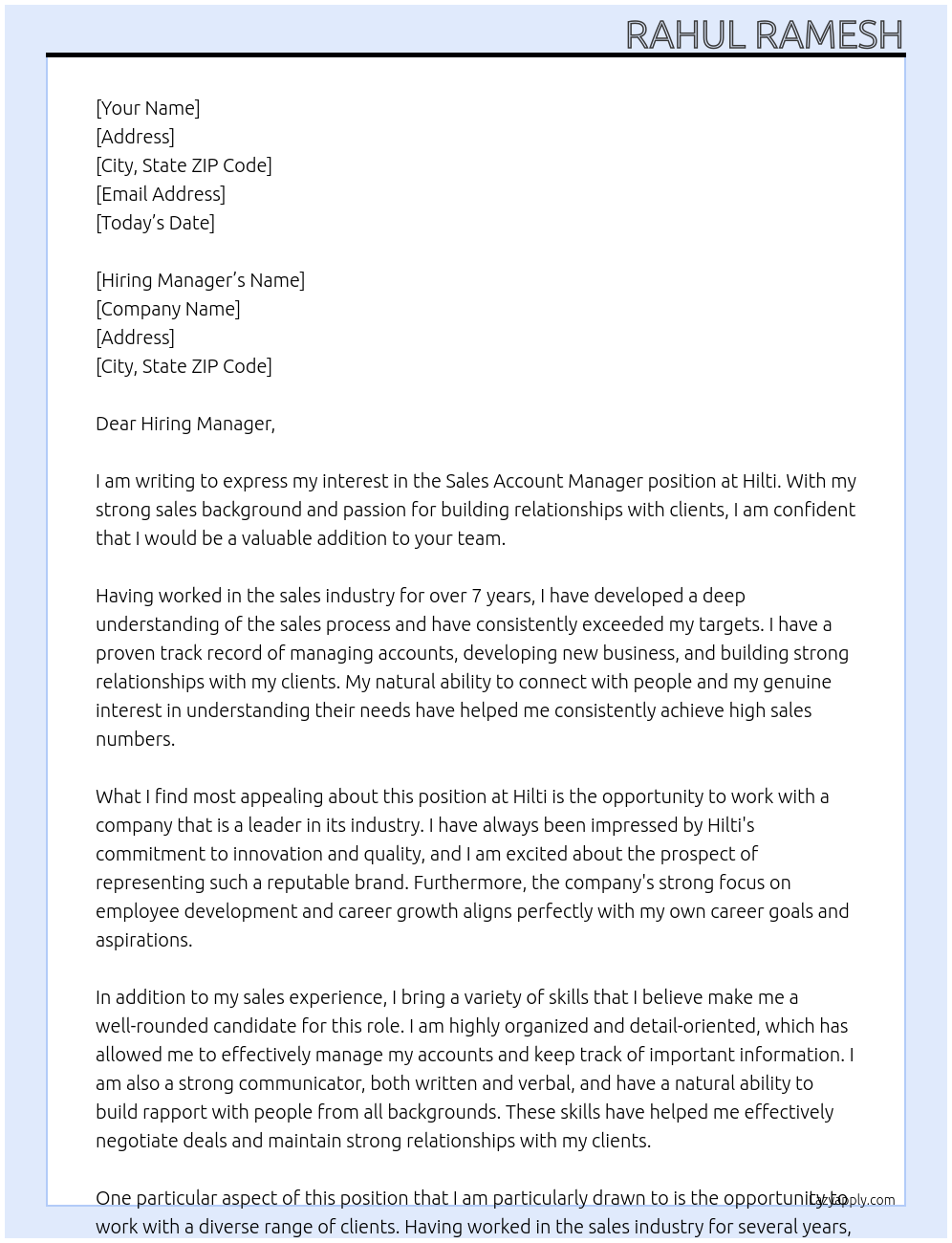 Sales Account Manager At Hilti Cover Letter