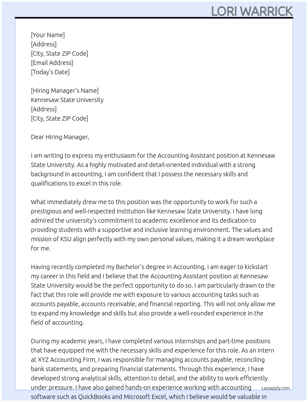 Accounting Assistant At Kennesaw State University Cover Letter