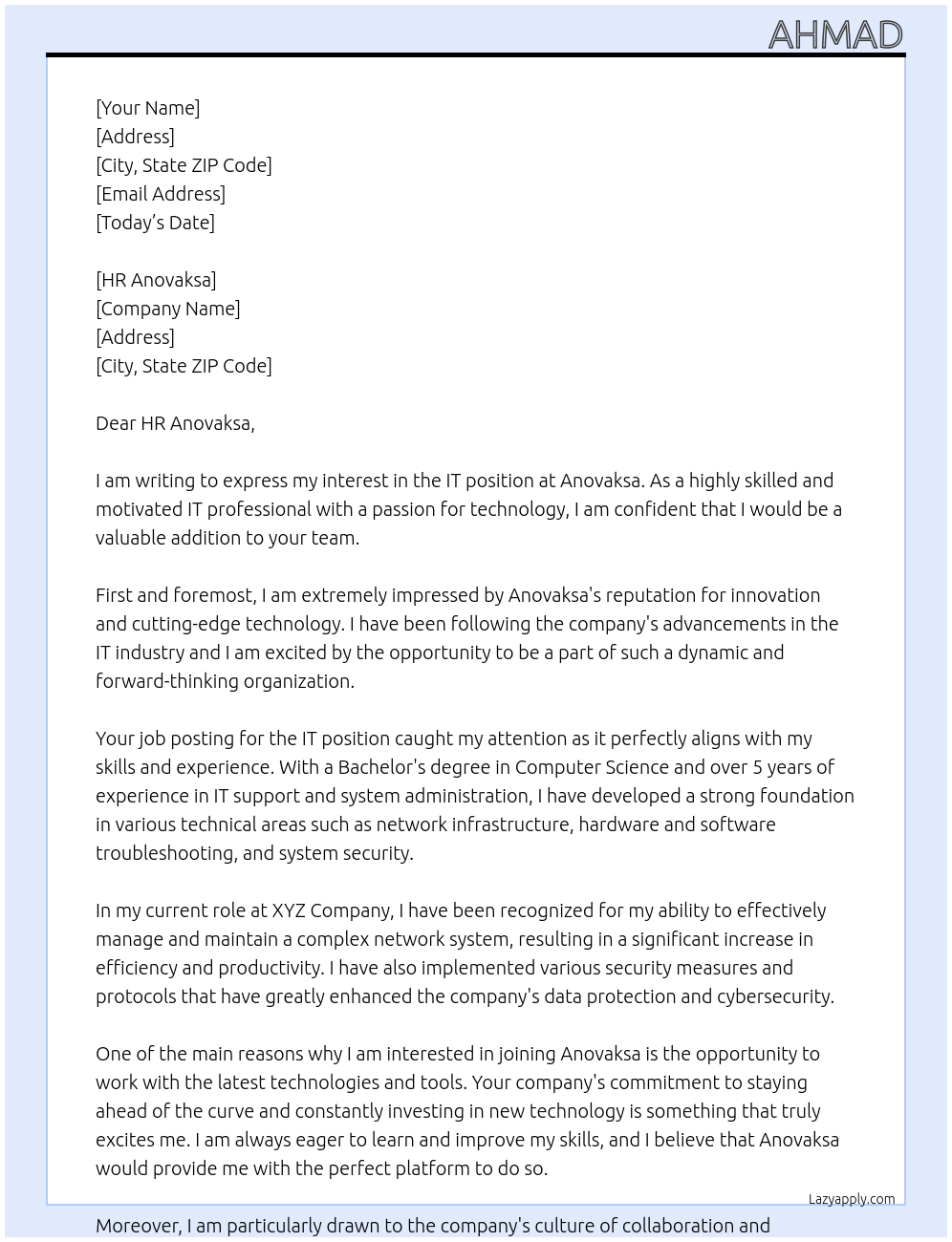 IT At anovaksa Cover Letter