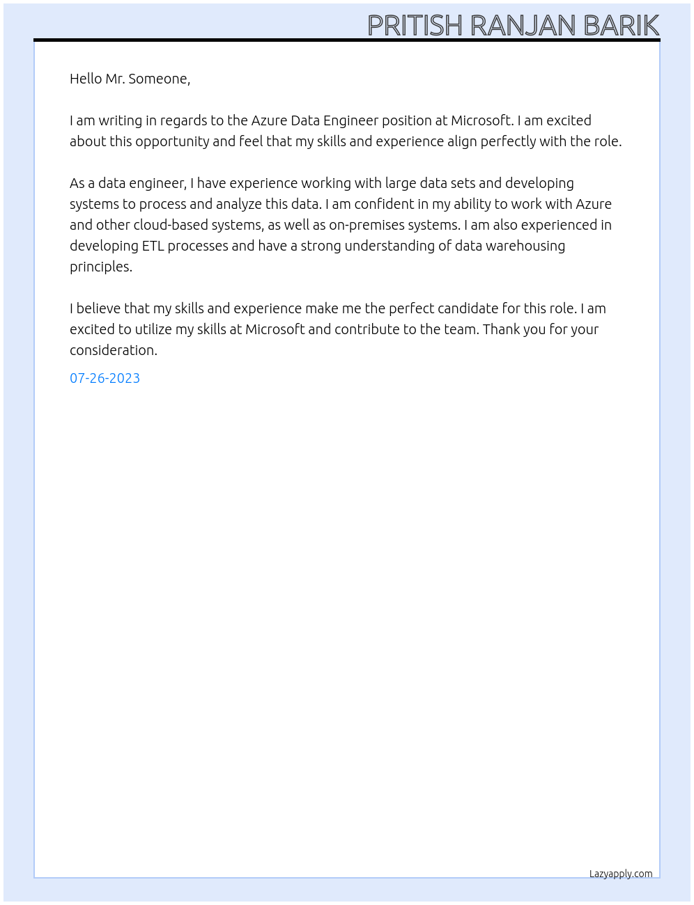 Azure Data Engineer At Microsoft Cover Letter