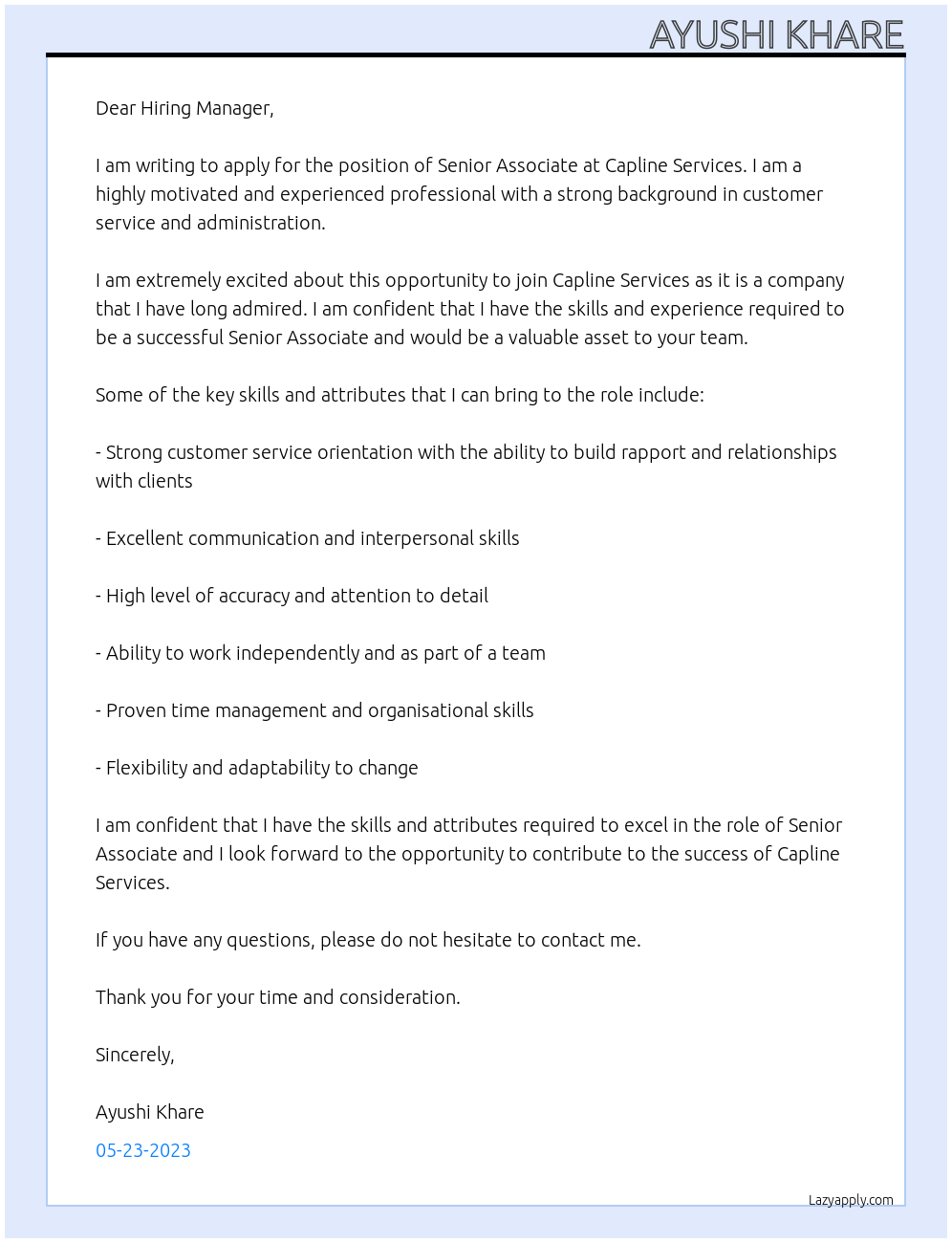 Senior Associate At Capline Services Cover Letter