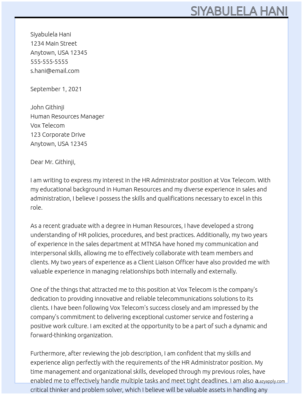 HR administrator At Vox Telecom Cover Letter