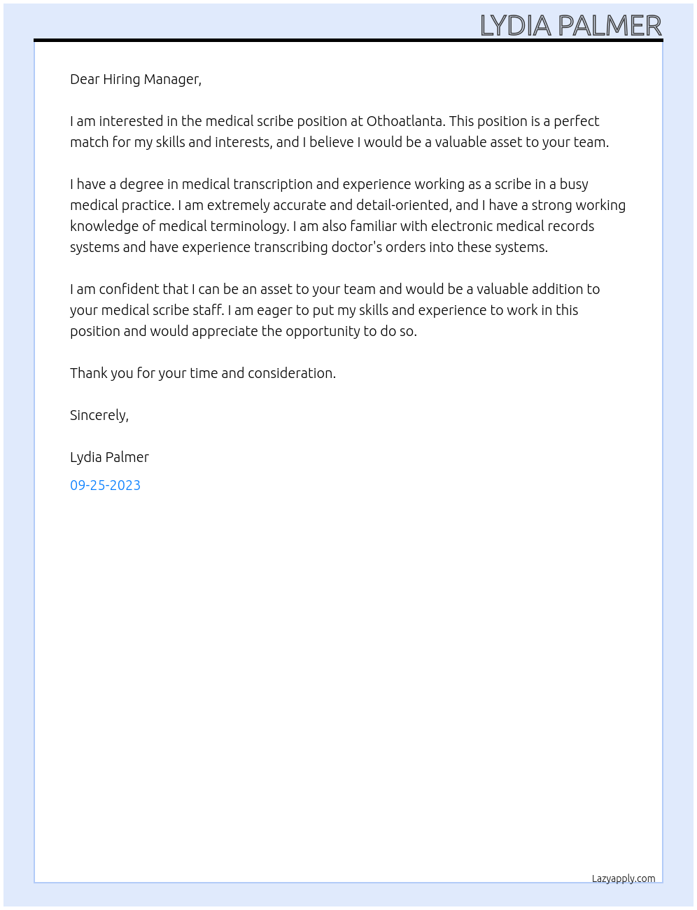 Medical Scribe At Othoatlanta Cover Letter