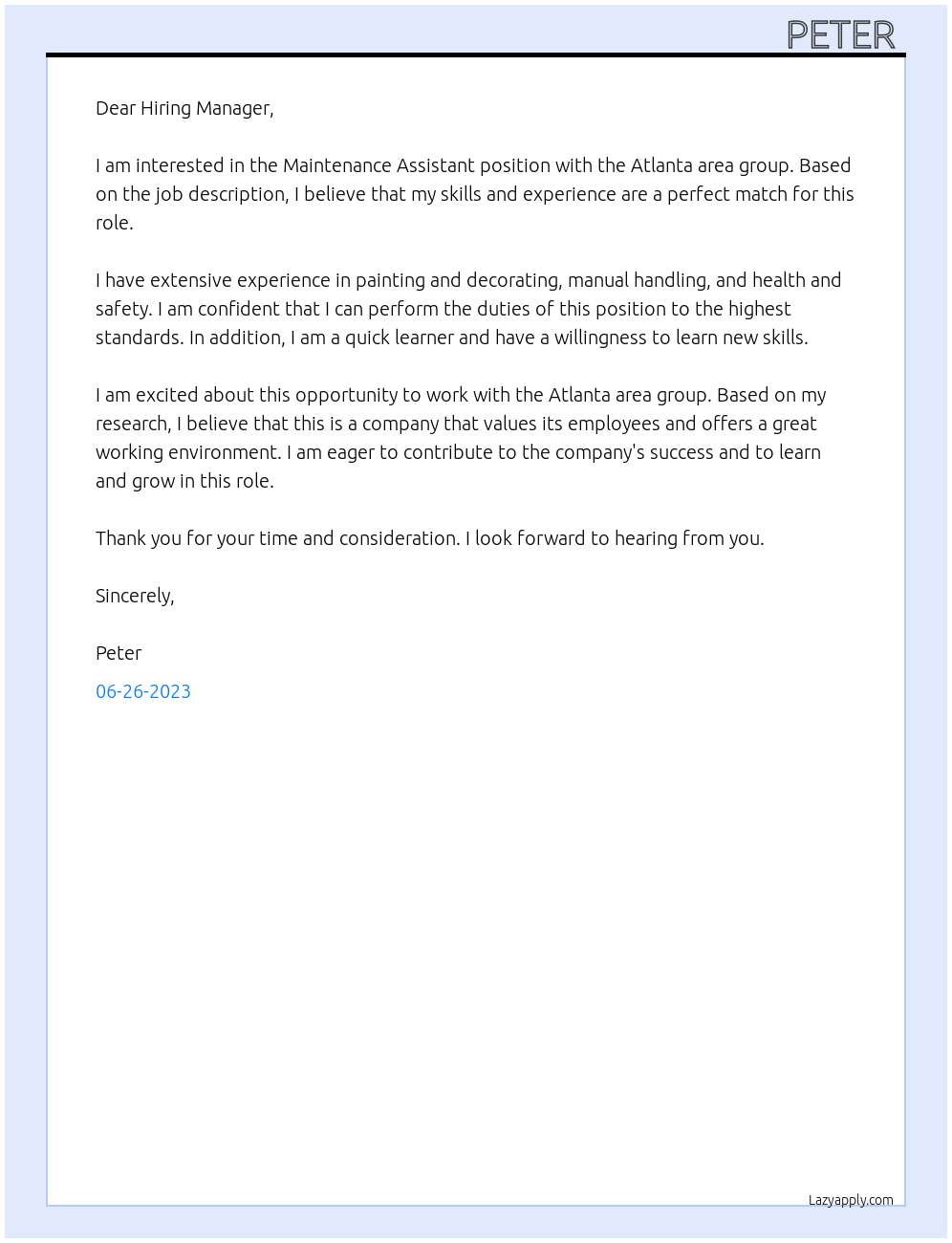 Maintenance assistant At Atlanta area group Cover Letter