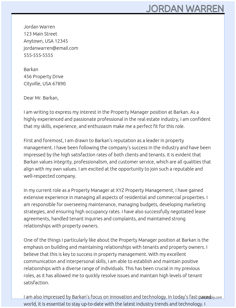 Property Manager At Barkan Cover Letter