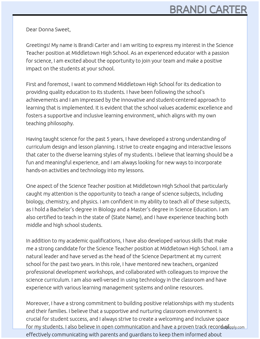 Science teacher At Middletown High School Cover Letter