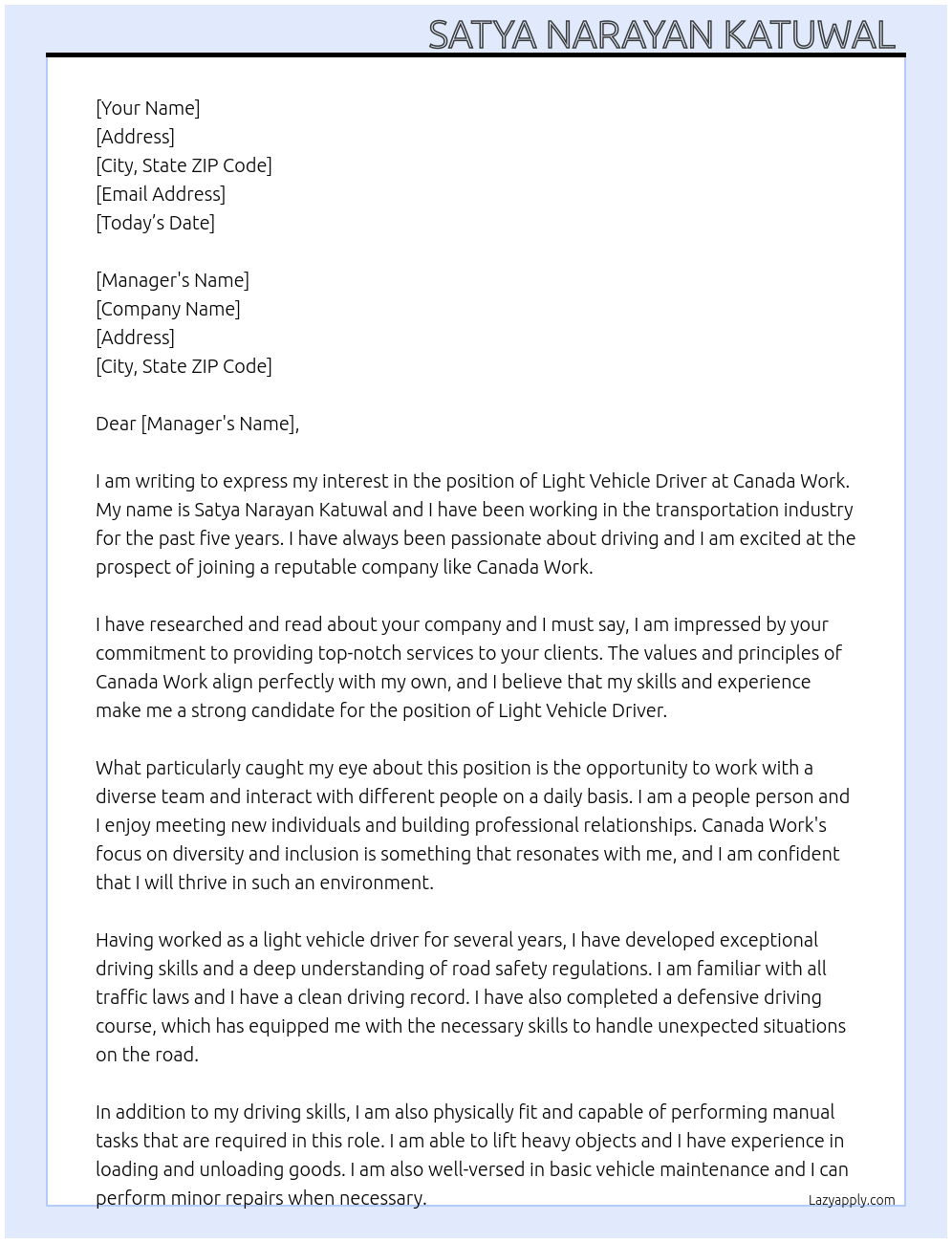 Light vehicle Driver  At Canada work  Cover Letter