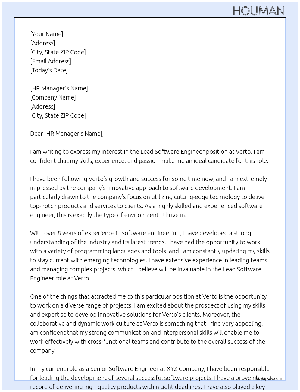 Lead Software Engineer At Verto Cover Letter