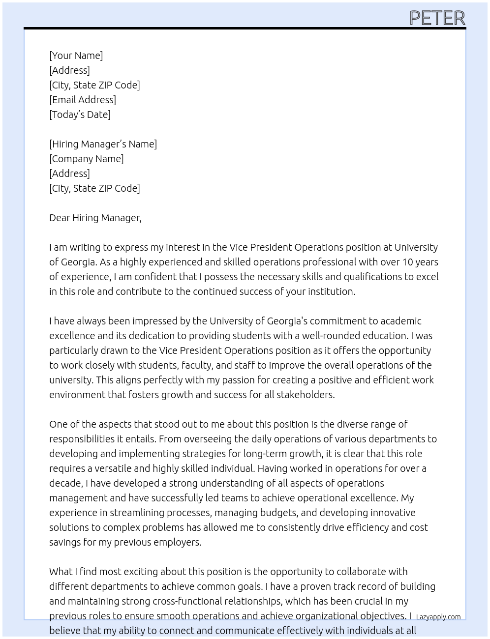 Cover letter for vice president operations - LazyApply