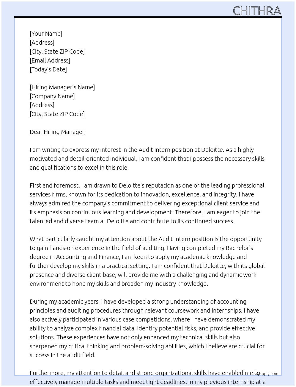 Audit intern At Deloitte Cover Letter