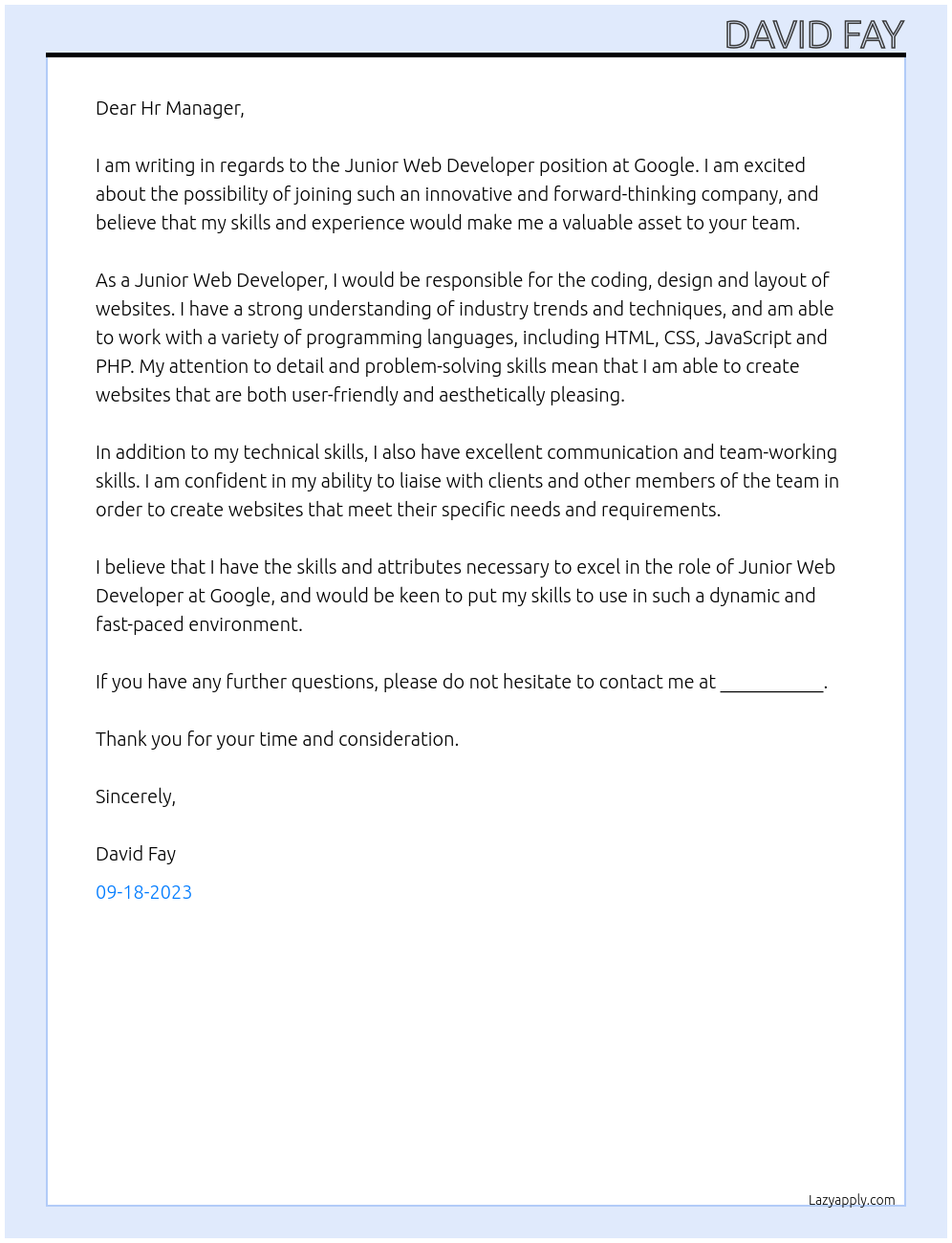 Junior Web Developer At Google Cover Letter