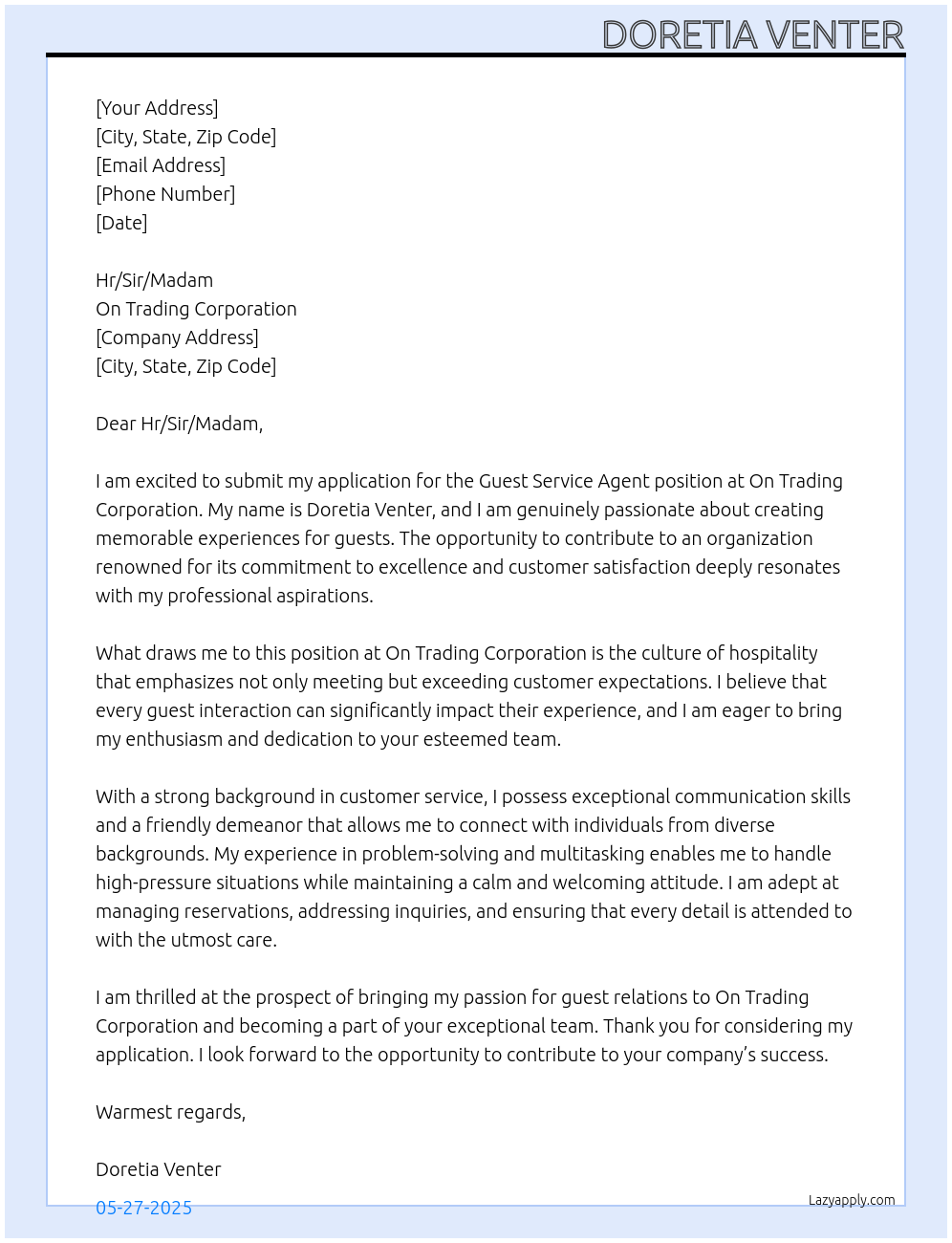 Guest Service Agent At On Trading Corporation Cover Letter