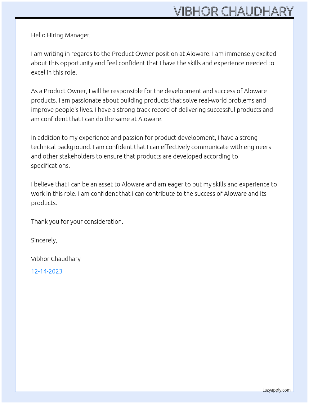 Product Owner At Aloware Cover Letter