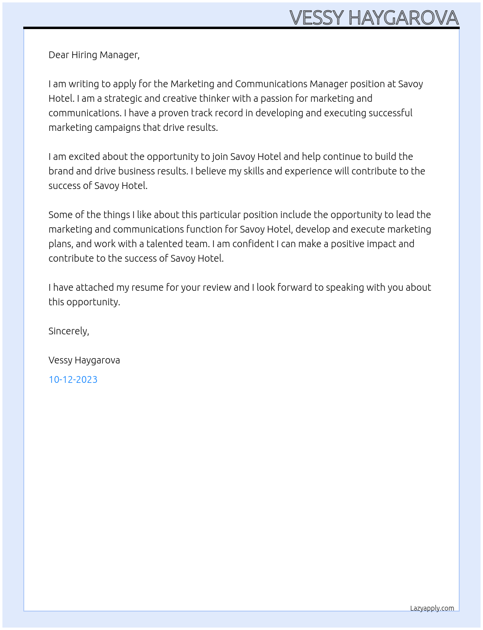 Marketing and Communications Manager At Savoy Hotel  Cover Letter