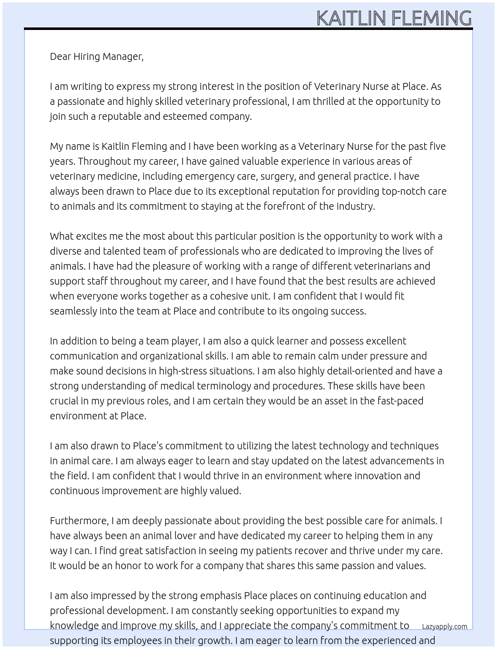 Veterinary Nurse At Place Cover Letter