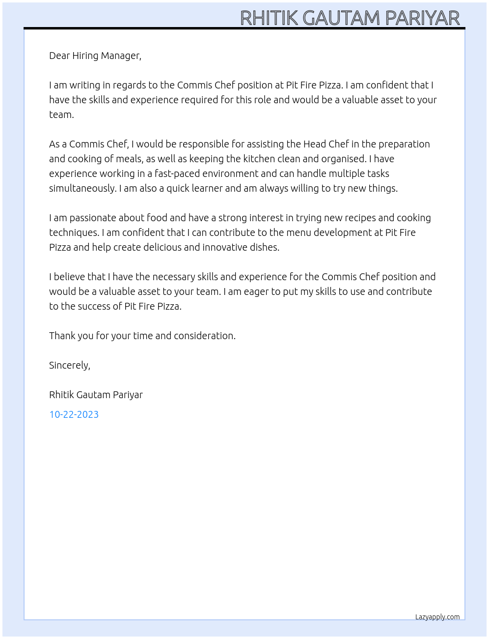 Commis chef At Pit fire pizza Cover Letter