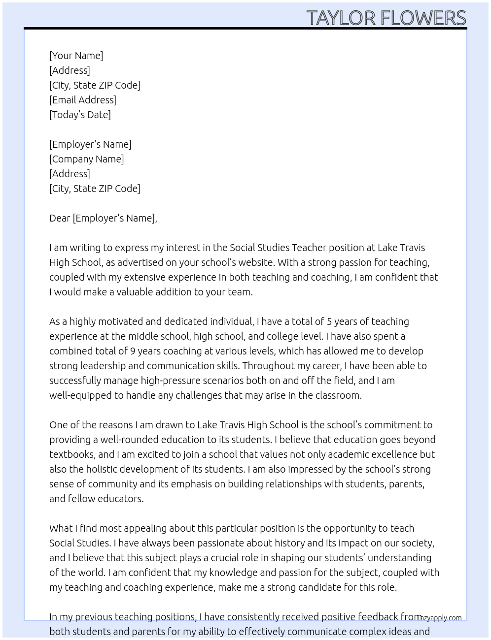 Social Studies Teacher At Lake Travis High School Cover Letter
