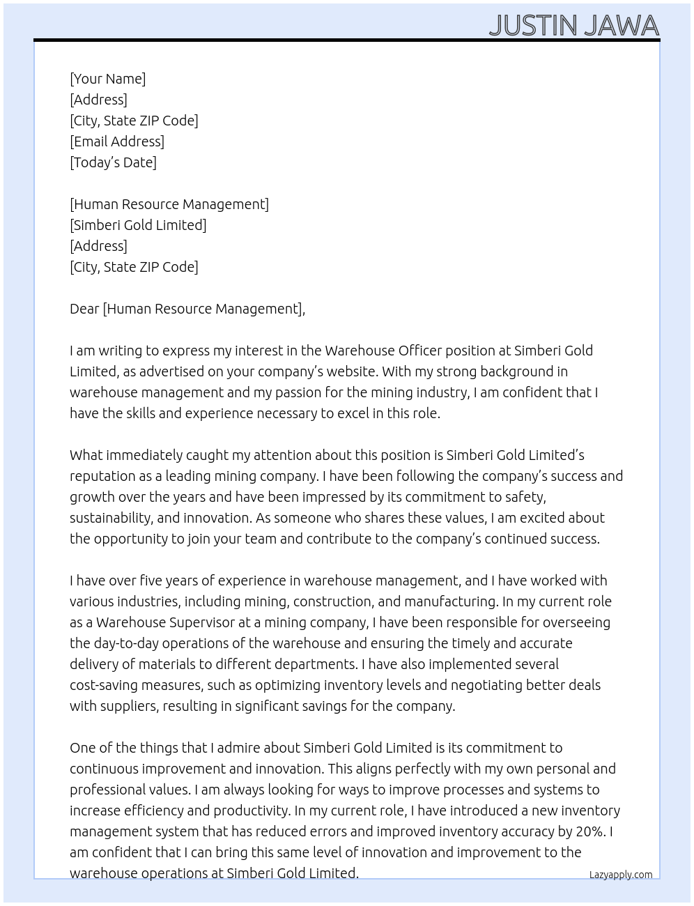 Warehouse Officer At Simberi Gold Limited Cover Letter