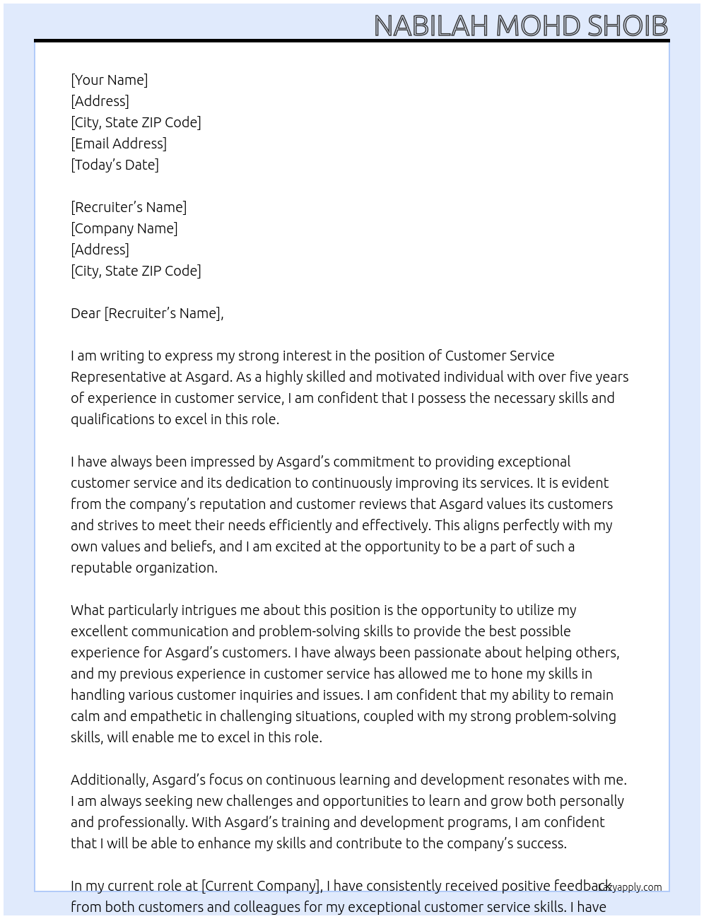 Customer Service Representatives At Asgard Cover Letter