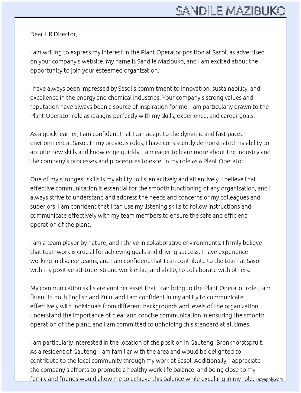 Plant Operator At Sasol  Cover Letter