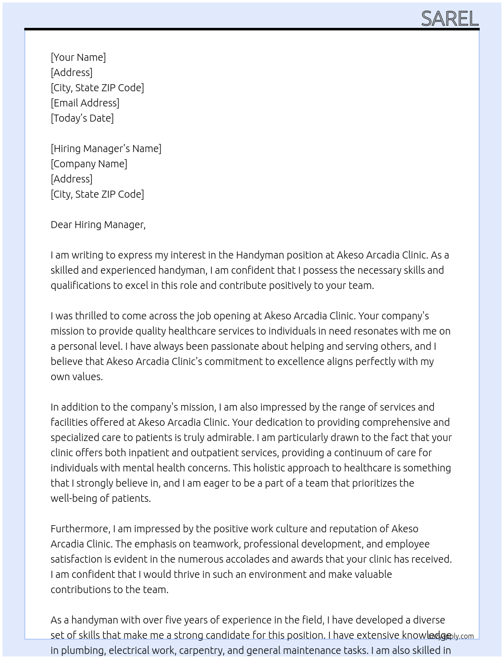 Handyman  At Akeso Arcadia Clinic Cover Letter