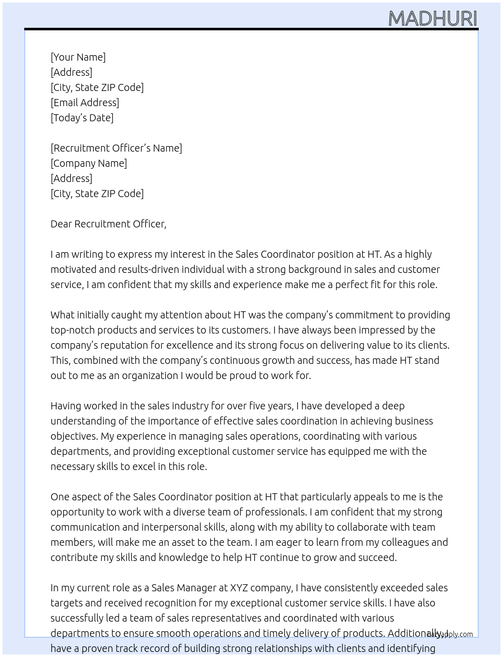 Sales Coordinator At HT Cover Letter