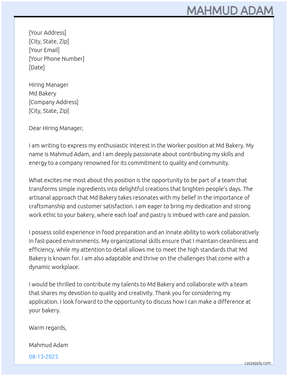 Worker At Md bakery Cover Letter