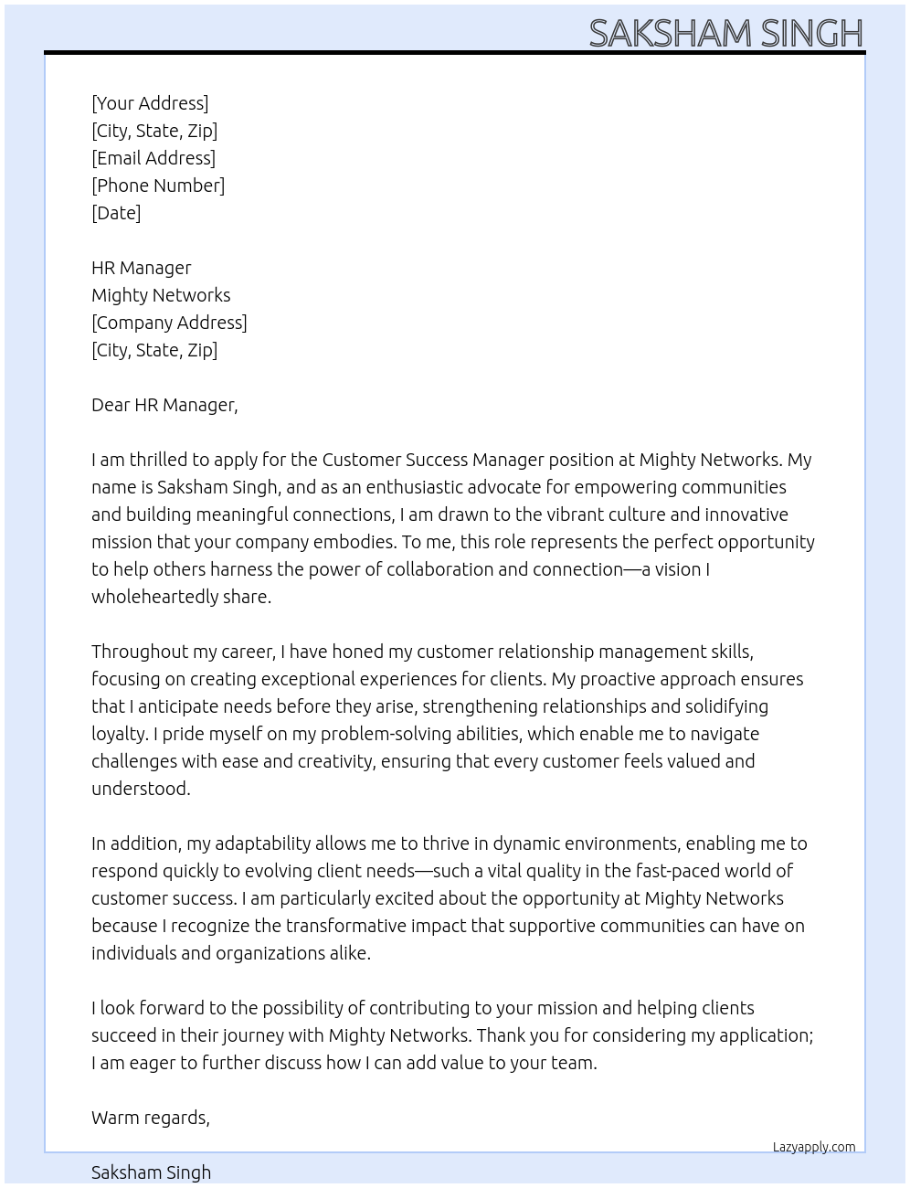 Cover letter for customer success manager - LazyApply