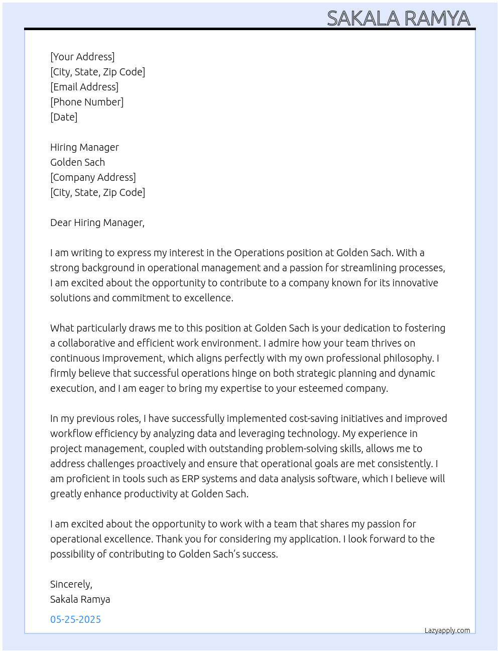 Operation At Golden Sach Cover Letter