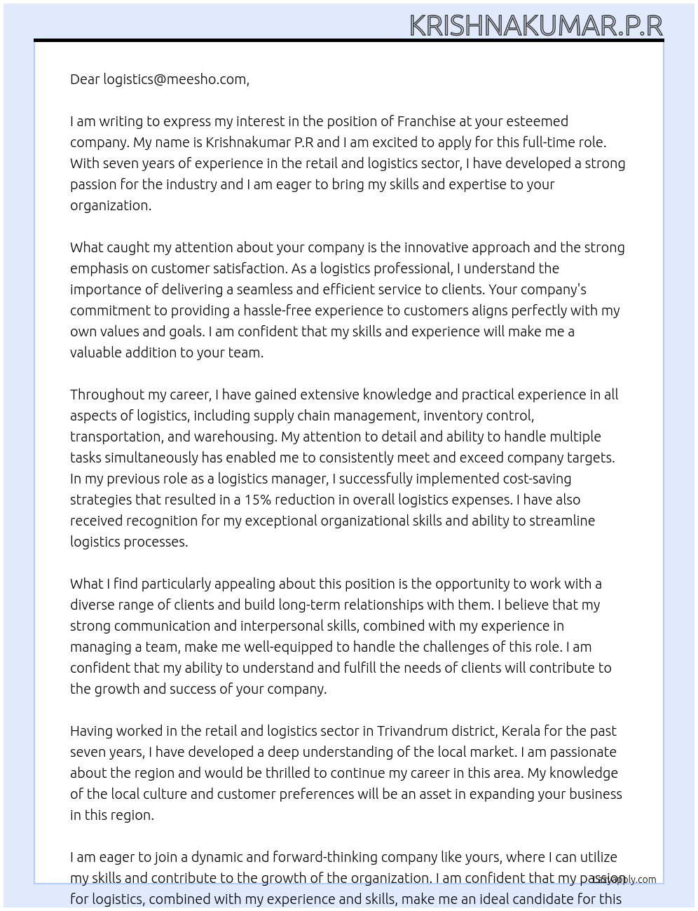 FRANCHISE At logistics Cover Letter