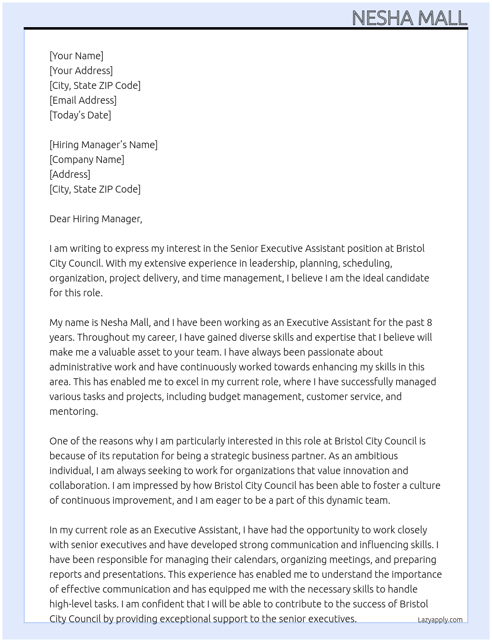 Senior Executive Assistant  At Bristol City Council  Cover Letter