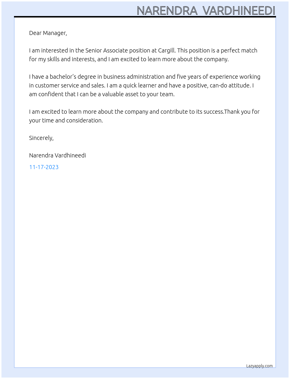 Senior associate  At Cargill Cover Letter