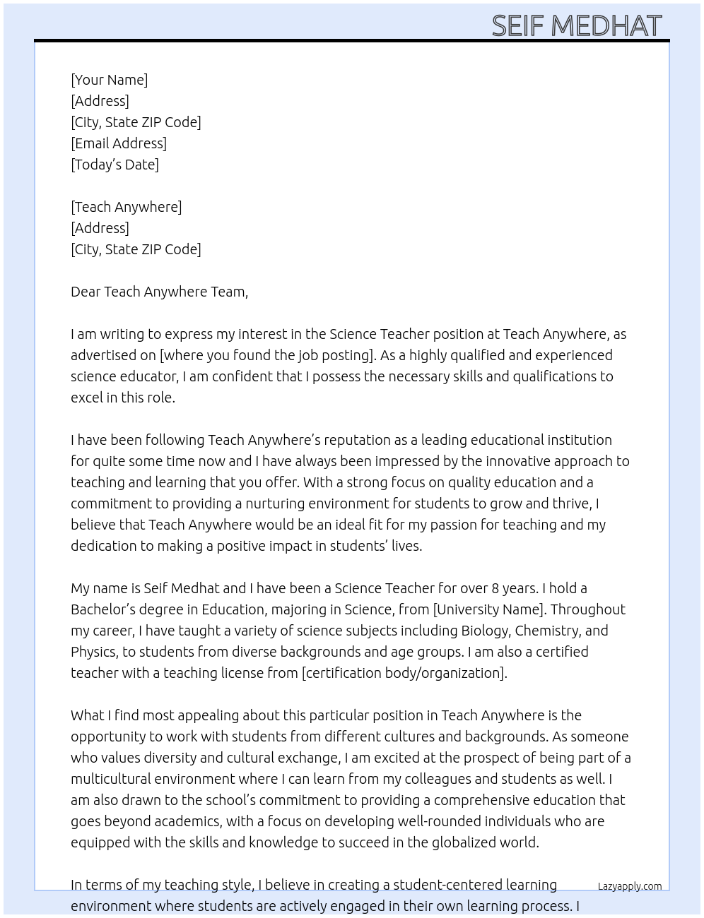 Science teacher  At Teach Anywhere  Cover Letter