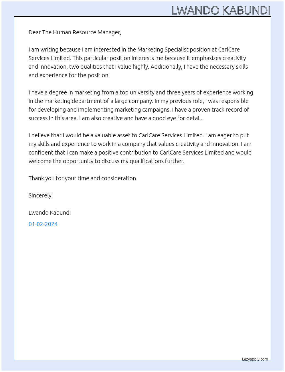 Marketing Specialist At CarlCare Services Limited Cover Letter