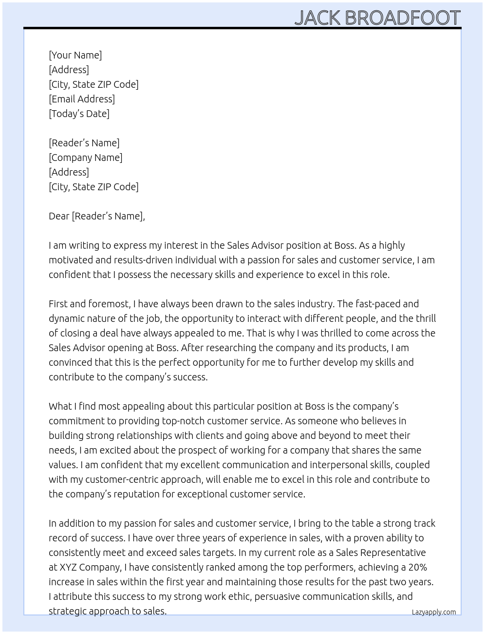 Sales Advisor At Boss Cover Letter